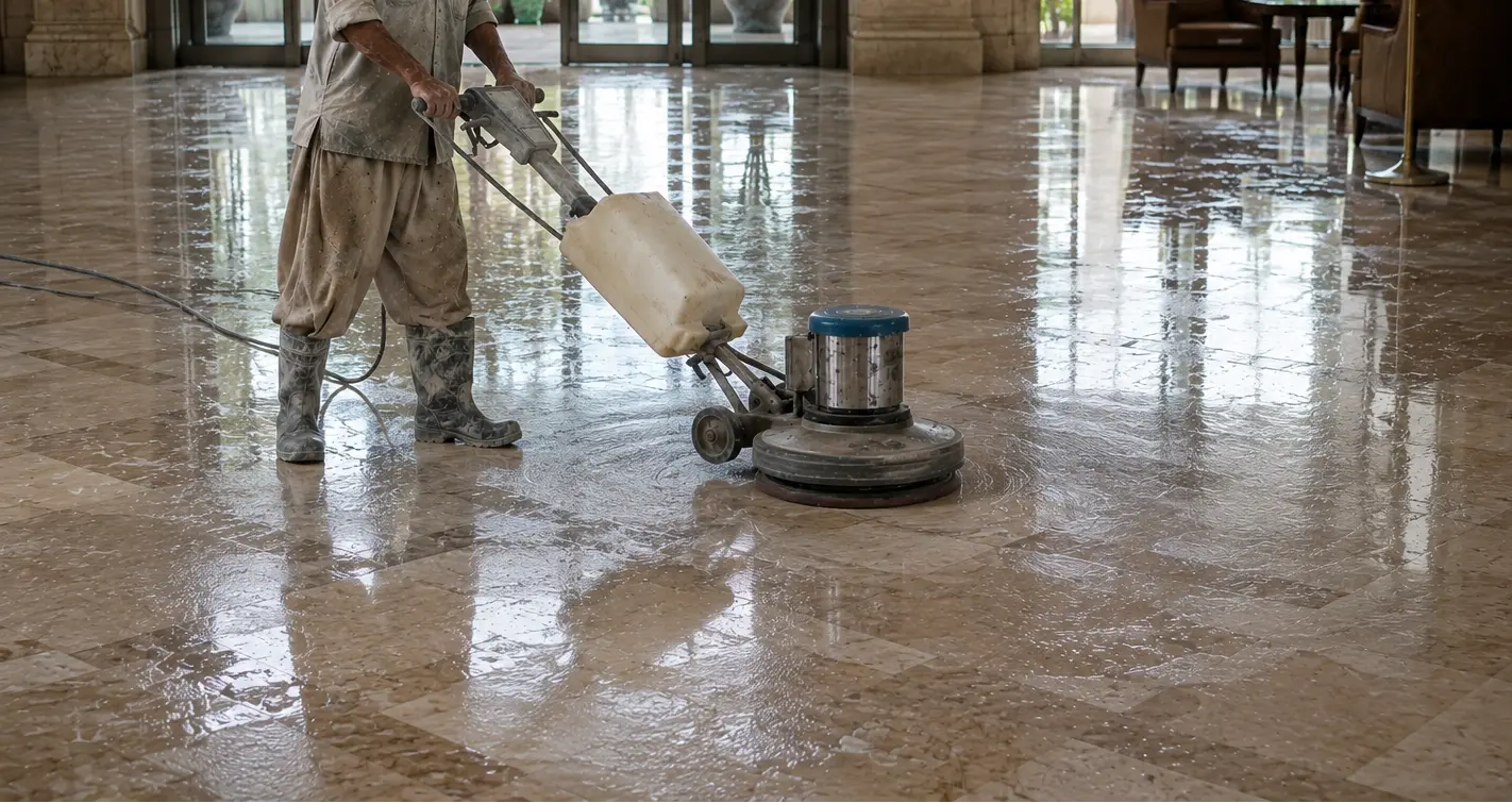 Worker professionally polishing a marble floor during a restoration project in Dubai