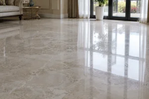 Dull marble floor in a Dubai home before professional restoration